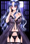  1girl 74 adjusting_hair black_panties blue_eyes blue_hair breasts cleavage fire_emblem fire_emblem:_thracia_776 full_moon garter_belt highres indoors large_breasts lingerie long_hair looking_at_viewer moon navel night nightgown nipples panties see-through selphina_(fire_emblem) smile solo thighhighs thighs underwear very_long_hair window 