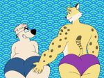  anthro big_butt black_nose blue_clothing blue_speedo blue_swimwear butt butt_grab cheetah clothing duo eyewear felid feline glasses hand_on_butt hi_res hunter_(spyro) male male/male mammal nickelodeon professor_keswick purple_clothing purple_speedo purple_swimwear speedo spots swimwear t.u.f.f._puppy wolfox90210 