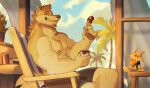  alejandro_(patt_jewanarom) anthro biceps canid canine canis chair clothed clothing fangs food furniture hi_res looking_at_viewer male mammal muscular muscular_anthro muscular_male nipples palm_tree patt_jewanarom pecs plant sitting sky smile solo teeth topless tree wolf 