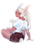  1girl animal_ears black_shorts boku_no_hero_academia breasts closed_mouth dark-skinned_female dark_skin from_behind hand_rest highres indian_style large_breasts long_eyelashes long_hair looking_at_viewer mirko parted_bangs ponytail rabbit_ears rabbit_girl rabbit_tail red_eyes shirt shirt_tucked_in shorts sitting solo squinting tail tail_through_clothes thighs ui_ooaa_33 white_background white_hair white_shirt 