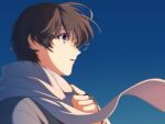  1boy adjusting_scarf arm_guards blue_background blue_kimono blue_scarf brown_eyes brown_hair floating_scarf from_side hand_up highres japanese_clothes kimono looking_away male_focus okurase parted_lips portrait profile rurouni_kenshin scarf seta_soujirou short_hair simple_background solo sunlight wind 