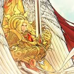  1boy absurdres angel_wings armor blade_encarmine blonde_hair blood_angels blue_eyes breastplate commentary_request couter english_commentary eyes_of_horus_(warhammer_40k) gold_armor goldriver halo highres holding holding_sword holding_weapon laurel_crown long_hair male_focus pauldrons pelvic_curtain power_armor primarch rerebrace sanguinius shoulder_armor solo sword warhammer_40k weapon wings 