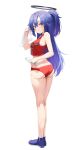  1girl bare_shoulders basketball_jersey blue_archive blue_eyes blush bottle breasts halo highres holding holding_bottle holding_towel ju-ok long_hair looking_at_viewer parted_bangs ponytail purple_hair shirt sleeveless solo sportswear standing sticker_on_face sweat thighs towel very_long_hair water_bottle yuuka_(blue_archive) 