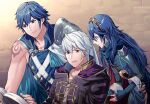  1girl 2boys ameno_(a_meno0) arm_tattoo armor black_robe blue_cape blue_eyes blue_gloves blue_hair blue_sweater book brown_eyes cape chrom_(fire_emblem) closed_mouth commentary_request elbow_gloves father_and_daughter fire_emblem fire_emblem_awakening gloves hood hood_down hooded_robe long_hair long_sleeves looking_at_another looking_at_viewer lucina_(fire_emblem) multiple_boys open_mouth pauldrons profile red_cape ribbed_sweater robe robin_(fire_emblem) robin_(male)_(fire_emblem) short_hair shoulder_armor single_pauldron sweater tattoo tiara two-tone_cape white_cape white_hair 