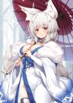  animal_ears blurry blurry_background blush breasts fox_ears fox_tail fur_collar grey_hair japanese_clothes kimono large_breasts looking_at_viewer medium_hair oil-paper_umbrella original red_eyes roshin smile tail umbrella 
