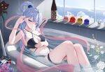  1girl absurdres aqua_(konosuba) bathing bathtub bikini black_bikini breasts cleavage highres kono_subarashii_sekai_ni_shukufuku_wo! looking_at_viewer medium_breasts parted_lips pharmarr solo swimsuit water 