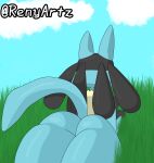  anthro big_butt blue_body butt generation_4_pokemon grass hi_res huge_butt huge_thighs looking_away lucario male nintendo plant pokemon pokemon_(species) presenting renyartz sky solo tail thick_thighs 