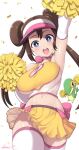  1girl :o arm_up blue_eyes bouncing_breasts breasts brown_hair cheerleader confetti double_bun hair_between_eyes hair_bun halter_shirt halterneck highres holding holding_pom_poms kasai_shin looking_at_viewer navel open_mouth pink_trim pleated_skirt pokemon pokemon_(game) pokemon_bw2 pom_pom_(cheerleading) rosa_(pokemon) shirt simple_background skirt smile solo teeth thighhighs twintails upper_teeth_only visor_cap white_background white_thighhighs yellow_shirt yellow_skirt 