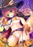  1girl animal_ears bikini breasts cameltoe cleavage covered_nipples garter_straps green_eyes halloween halloween_costume hat highres kino_(kino_konomi) large_breasts looking_at_viewer navel open_mouth original pumpkin solo swimsuit tail thighhighs underboob witch witch_hat 