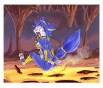 anthro blue_body blue_fur blue_hair burning burnt_clothing butt butt_on_fire canid canine cave circlet digital_media_(artwork) female fire fluffy fluffy_tail fox fur hair hand_on_butt hi_res holding_butt krystal looking_back mammal nintendo open_mouth pain pequedark-velvet raised_tail screaming solo star_fox tail tongue white_body white_fur wide_eyed 