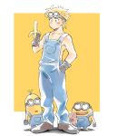  1boy battle_tendency blonde_hair caesar_anthonio_zeppeli cosplay crossover facial_mark full_body gloves goggles goggles_on_head green_eyes itou_yuuji jojo_no_kimyou_na_bouken kirikabu-yume minion_(despicable_me) minion_(despicable_me)_(cosplay) overalls parody standing 