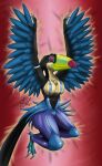  absurd_res anthro avian bird blue_feet blue_sky_studios clothing cosplay costume crossover crossover_cosplay duel_monster eva_(rio) eyes_closed feet female harpie_lady hi_res humanoid keel-billed_toucan lindwormduality midriff object_between_breasts ramphastos rio_(series) smile solo tight_clothing toucan wings yu-gi-oh! 