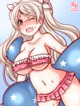  1girl artist_name bikini bikini_skirt blue_background blush breasts brown_eyes cleavage commentary_request conte_di_cavour_(kancolle) cosplay cowboy_shot dated gradient_background inflatable_toy kanon_(kurogane_knights) kantai_collection large_breasts long_hair maestrale_(kancolle) maestrale_(kancolle)_(cosplay) navel nose_blush one-hour_drawing_challenge one_eye_closed pink_bikini solo sweat swimsuit two_side_up white_hair 