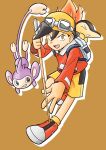  1boy aipom backpack backwards_hat bag black_hair brown_background cue_stick cyndaquil drop_shadow ethan_(pokemon) full_body hat highres holding_cue_stick jacket long_sleeves male_focus open_mouth pokemon pokemon_(creature) pokemon_adventures red_footwear red_jacket sawa_(soranosawa) shorts teeth upper_teeth_only white_bag yellow_eyes yellow_headwear yellow_shorts 