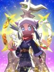  1girl akari_(pokemon) arc_phone arceus black_hair blue_eyes dialga dragon galaxy_expedition_team_survey_corps_uniform giratina giratina_(origin) green_eyes head_scarf highres inana_umi looking_at_viewer palkia parted_lips pokemon pokemon_(creature) pokemon_(game) pokemon_legends:_arceus red_eyes red_scarf scarf star_(sky) white_headwear 