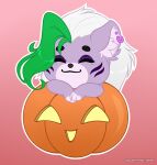  anthro big_ears canid canine canis chibi embarrassed eyes_closed female five_nights_at_freddy&#039;s five_nights_at_freddy&#039;s:_security_breach food fruit green_hair hair hi_res jack-o&#039;-lantern long_hair magic mammal piercing plant pumpkin roxanne_wolf_(fnaf) scottgames smile solo steel_wool_studios volodyanocturne white_hair wolf 