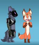  absurd_res anthro biscuit_(biscuitbiscuitz) biscuitbiscuitz brown_body brown_fur canid canine duo eyebrows eyewear eyewear_on_head fox fur goggles goggles_on_head hi_res machine male mammal open_mouth orange_body orange_fur pawpads protogen purple_body purple_fur robotic_arm screaming standing tostadorai white_body white_fur 