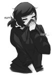  1girl ashley_graves blush closed_eyes female_masturbation highres luxu masturbation ponytail smelling smelling_clothes solo steam the_coffin_of_andy_and_leyley white_background 