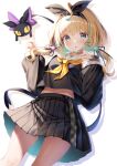  1girl black_cat black_serafuku blonde_hair blue_eyes breasts cat hair_ribbon highres long_hair looking_at_viewer lucie_(millie_parfait) midriff_peek millie_parfait miniskirt multicolored_hair nijisanji nijisanji_en ribbon school_uniform serafuku skirt small_breasts twintails virtual_youtuber zzz_(zzz00166403zzz) 