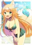  1girl :d animal_ears bare_arms bare_shoulders bikini blurry blurry_background breasts cleavage collarbone commentary_request commission depth_of_field green_bikini green_eyes kou_hiyoyo leaning_forward looking_at_viewer medium_breasts multiple_tails navel orange_hair original skeb_commission smile solo swimsuit tail two_tails 