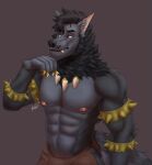  acidwuff alternate_version_at_source anthro armband black_hair bottomwear brown_background brown_bottomwear brown_clothing canid clothed clothing fangs fur grey_body grey_fur hair hi_res looking_aside male mammal mouth_closed muscular muscular_anthro muscular_male neck_tuft portrait red_eyes short_hair signature simple_background solo spiked_armband spikes standing teeth three-quarter_portrait topless tuft 