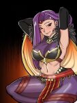  1girl armpits arms_behind_head arms_up belt black_background black_gloves breasts cape circlet closed_mouth earrings elbow_gloves english_commentary fire_emblem fire_emblem_echoes:_shadows_of_valentia fire_emblem_heroes gem gloves highres jewelry large_breasts loincloth mnejing30 navel official_alternate_costume orange_background pantyhose pink_lips purple_eyes purple_hair purple_pantyhose red_belt red_gemstone single_hair_intake smile solo sonya_(fire_emblem) two-tone_background yellow_cape 