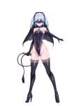  1girl blindfold blue_hair boots cat_o&#039;_nine_tails chain_paradox cocytus_(wind_master) collar covered_navel elbow_gloves flat_chest full_body gloves habit high_heel_boots high_heels highleg highleg_leotard holding holding_whip latex leotard licking_lips looking_at_viewer nun shiny_clothes solo standing thigh_boots tongue tongue_out twintails whip white_background 