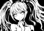  1girl bare_shoulders bear_hair_ornament bow bowtie danganronpa:_trigger_happy_havoc danganronpa_(series) detached_collar enoshima_junko greyscale hair_ornament hand_on_own_chin hand_up kyua_moto monochrome official_alternate_costume playboy_bunny smile solo twintails 