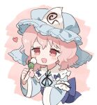  1girl blue_headwear blue_kimono blush dango food hat heart holding holding_food japanese_clothes kimono long_sleeves mob_cap open_mouth pink_hair saigyouji_yuyuko sasa_kichi short_hair sleeve_garter smile solo touhou triangular_headpiece upper_body wagashi wide_sleeves 