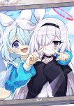 2girls :d arona_(blue_archive) artist_name black_choker black_coat black_eyes black_hairband blue_archive blue_eyes blue_hair blue_halo blue_pupils blue_shirt blush bow_hairband braid choker closed_mouth coat commentary hair_over_one_eye hair_ribbon hairband halo highres light_blue_hair long_hair long_sleeves looking_at_viewer multiple_girls open_mouth own_hands_together plana_(blue_archive) puffy_long_sleeves puffy_sleeves red_halo red_pupils ribbon sailor_collar sailor_shirt shirt short_hair side_braid single_braid sleepyowl_(jobkung15) smile twitter_username white_choker white_hair white_hairband white_ribbon white_sailor_collar 