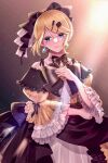  1girl aku_no_musume_(vocaloid) black_bow black_ribbon blonde_hair blue_eyes blue_gemstone bow choker colored_eyelashes detached_collar dress dress_bow dress_flower earrings elbow_rest evillious_nendaiki floral_print flower frilled_bow frilled_sleeves frills gem hair_bow hair_ornament hairclip hand_on_own_chest highres itkedo jewelry kagamine_rin light_particles miku_symphony_(vocaloid) off-shoulder_dress off_shoulder petticoat ribbon riliane_lucifen_d&#039;autriche rose smile solo vocaloid wide_sleeves yellow_dress yellow_flower yellow_rose 
