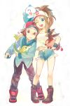  1boy 1girl baseball_cap black_socks black_vest blue_eyes blue_jacket boots brown_eyes brown_hair collarbone creature denim denim_shorts exposed_pocket grey_pants hand_on_another&#039;s_shoulder hat hilbert_(pokemon) hilda_(pokemon) holding holding_creature jacket long_hair long_sleeves nose_bubble one_eye_closed open_mouth oshawott pants pepepe_(pixiv44901) poke_ball_print pokemon pokemon_(game) pokemon_bw ponytail red_footwear red_headwear shirt shoes short_hair short_shorts shorts sleeveless sleeveless_shirt snivy socks star_(symbol) starter_pokemon_trio teeth tepig upper_teeth_only vest white_background white_headwear white_shirt 