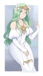  1girl absurdres bare_shoulders breasts commentary dress fire_emblem fire_emblem:_three_houses flower green_eyes green_hair hair_flower hair_ornament hand_up highres juliet_sleeves kaphrin large_breasts long_hair long_sleeves looking_at_viewer off-shoulder_dress off_shoulder official_alternate_costume puffy_sleeves rhea_(fire_emblem) smile solo very_long_hair white_dress white_flower 