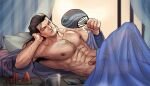  1boy abs absurdres armpit_hair armpit_peek bara bed_sheet elbow_rest erection feet_out_of_frame from_side handheld_fan highres knee_up large_pectorals male_focus mature_male mortal_kombat_(series) mortal_kombat_1_(2023) muscular muscular_male naked_sheet navel navel_hair nipples on_bed paid_reward_available pectorals penis see-through_silhouette solo sparse_chest_hair stomach sub-zero sweat tazahan thick_eyebrows uncensored very_sweaty watching_television 