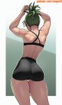  1girl absurdres arms_up artist_name ass back bare_arms black_shorts commentary_request criss-cross_back-straps facing_away from_behind green_hair highres long_hair muscular muscular_female one-punch_man patreon_username ponytail shorts solo staff stopu tank_top tatsumaki toned tying_hair web_address 