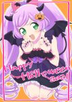  1girl :d bare_shoulders black_dress black_horns black_wings blush bow claw_pose commentary_request demon_horns demon_tail demon_wings dress fake_horns fang food-themed_hair_ornament frilled_dress frills full_body green_eyes hair_bow hair_ornament halloween_costume hands_up happy_halloween highres hokahoka_yudoufu horns long_hair looking_at_viewer manaka_laala nail_polish open_mouth orange_background outline pink_bow pretty_series pripara pumpkin_hair_ornament purple_hair seiza sitting smile solo strapless strapless_dress tail twintails very_long_hair white_outline wings wrist_cuffs 