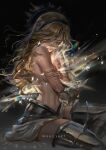  1girl armor armored_boots artist_name black_hairband blonde_hair boots breasts closed_mouth glowing grey_skirt hair_between_eyes hairband highres league_of_legends long_hair looking_at_viewer lux_(league_of_legends) medium_breasts messy_hair multicolored_background navel sitting skirt solo sparkle topless whails 