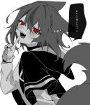  1girl :d absurdres animal_ears asano_yoru asano_yoru_(artist) black_choker breasts choker cropped_hoodie fox_ears fox_girl fox_tail highres hood hood_down hoodie indie_virtual_youtuber layered_sleeves long_sleeves looking_at_viewer medium_breasts medium_hair open_clothes open_hoodie red_eyes short_over_long_sleeves short_sleeves smile spot_color sweater tail translation_request virtual_youtuber 