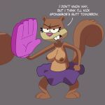  2023 absurd_res angry anthro bottomwear breasts brown_body brown_fur buckteeth clothed clothing dialogue english_text female fur grey_background hi_res inker_comics mammal nickelodeon nipples rodent sandy_cheeks sciurid simple_background skirt solo spongebob_squarepants standing teeth text topless topless_anthro topless_female tree_squirrel 