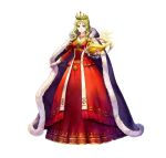  1girl asatani_tomoyo blonde_hair book breasts cape circlet cleavage dress fire_emblem fire_emblem:_the_binding_blade fire_emblem_heroes full_body fur-trimmed_cape fur_trim gold_trim green_eyes guinevere_(fire_emblem) hair_bun holding holding_book juliet_sleeves light long_hair long_sleeves looking_at_viewer magic medium_breasts official_alternate_costume official_alternate_hairstyle official_art open_book puffy_sleeves purple_cape red_dress single_hair_bun smile solo third-party_source white_background 