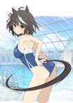  1girl absurdres adjusting_clothes adjusting_swimsuit ahoge alternate_costume alternate_eye_color animal_ears ass bare_shoulders black_hair blue_one-piece_swimsuit blurry blurry_background blush brown_eyes closed_mouth commentary_request competition_school_swimsuit competition_swimsuit double-parted_bangs ear_ornament hair_between_eyes hair_ornament hands_on_own_ass highres horse_ears horse_girl horse_tail indoors kitasan_black_(umamusume) looking_at_viewer looking_back multicolored_hair one-piece_swimsuit pool sanche_(3che3) school_swimsuit skylight smile solo streaked_hair swimsuit tail two-tone_hair two_side_up umamusume v-shaped_eyebrows white_hair window 