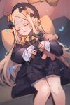  1girl abigail_williams_(fate) black_bow black_dress black_headwear blonde_hair bow breasts closed_eyes dress fate/grand_order fate_(series) forehead hat highres long_hair long_sleeves miya_(miyaruta) open_mouth orange_bow parted_bangs sleeping small_breasts smile solo stuffed_animal stuffed_toy teddy_bear thighs 