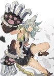  1girl animal_ear_fluff animal_ears armband backless_outfit bare_shoulders boots breasts brown_footwear brown_gloves cat_ears claw_(weapon) cleavage collar cropped_jacket debris dress flower gloves granblue_fantasy grey_hair groin hair_flower hair_ornament hashibiro_kou_(garapiko_p) highres hood hood_down hooded_jacket jacket long_hair open_mouth sen_(granblue_fantasy) sleeveless sleeveless_dress sleeveless_jacket small_breasts solo weapon 