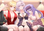  3girls armpits babydoll black_bow black_panties blonde_hair blue_eyes blue_nails bow braid breasts collarbone colored_inner_hair crossed_legs dress grey_hair hair_between_eyes hand_on_own_stomach heart heart-shaped_pupils hololive hololive_indonesia jewelry kaela_kovalskia landacdeus large_breasts light long_hair moona_hoshinova multicolored_hair multiple_girls necklace one_eye_closed panties panty_straps pavolia_reine peacock_feathers plunging_neckline purple_eyes purple_hair red_dress red_eyes short_hair side-tie_dress sitting sleep_mask star_(symbol) symbol-shaped_pupils underwear 