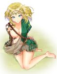  1girl absurdres archaic_set_(zelda) arm_support bare_legs barefoot blonde_hair body_markings braid breasts circlet collarbone cosplay crown_braid english_commentary grass green_eyes green_tunic highres large_breasts link link_(cosplay) looking_at_viewer meisaki nipples on_ground one_breast_out parted_bangs parted_lips pointy_ears princess_zelda short_hair sitting solo the_legend_of_zelda the_legend_of_zelda:_tears_of_the_kingdom toes triforce_print yokozuwari 