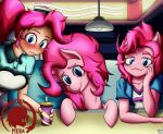  anthro blue_eyes blush equestria_girls equid equine female feral friendship_is_magic fur group hair hasbro hi_res horse human looking_at_viewer mammal my_little_pony night pink_body pink_fur pink_hair pinkie_pie_(mlp) pony smile smiling_at_viewer trio voramera 