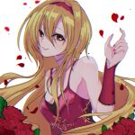  absurdres blonde_hair breasts cleavage dress flower hairband highres idolmaster idolmaster_cinderella_girls jewelry kakino kurosaki_chitose long_hair nail_polish necklace red_dress red_eyes red_flower red_rose rose 