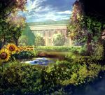  bench building bungou_to_alchemist bush cloud day flower no_humans official_art outdoors puddle reflection reflective_water scenery summer sunflower tree yellow_flower 