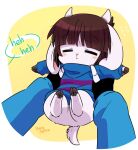  1boy 1other alternate_species animal animalization bano_akira black_gloves blue_jacket brown_hair closed_mouth clothed_animal facing_viewer fingerless_gloves flying_sweatdrops frisk_(undertale) gloves goat holding jacket long_sleeves pov sans short_hair undertale 