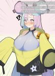  !? 1girl asymmetrical_bangs blue_hair blush breasts character_hair_ornament commentary_request cowboy_shot dekapaiyukari emphasis_lines food frown hair_ornament halterneck highres holding holding_food huge_breasts iono_(pokemon) jacket magnemite motion_blur multicolored_hair off-shoulder_jacket off_shoulder pink_eyes pink_hair pokemon pokemon_(game) pokemon_sv sandwich single_leg_pantyhose sleeves_past_fingers sleeves_past_wrists solo split-color_hair sweatdrop translation_request two-tone_hair very_long_sleeves yellow_jacket 